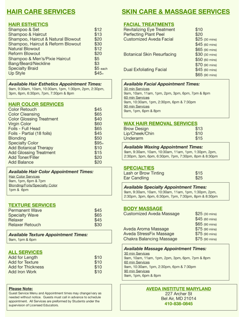 Aveda Institute Maryland Guests Services Schedule and Fees